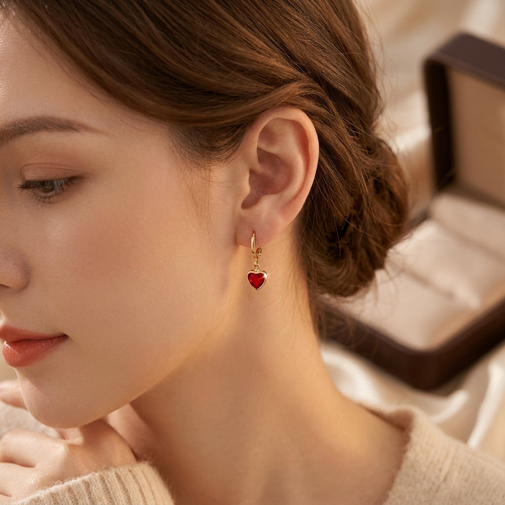 Ruby Heart Drop Earrings